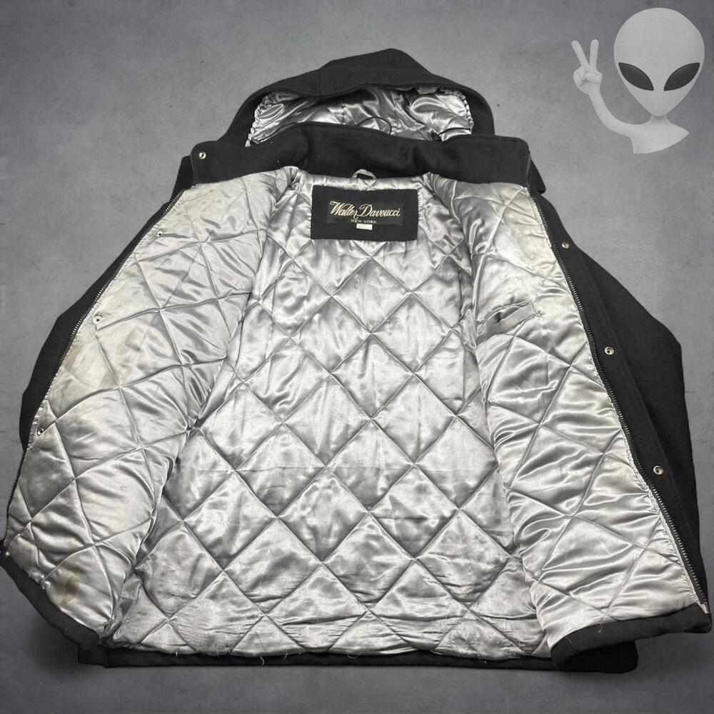 Vtg Walter Davoucci NYC Wool Quilted Coat XL Black 90s Hip Hop Silver Lining - Picture 4 of 8